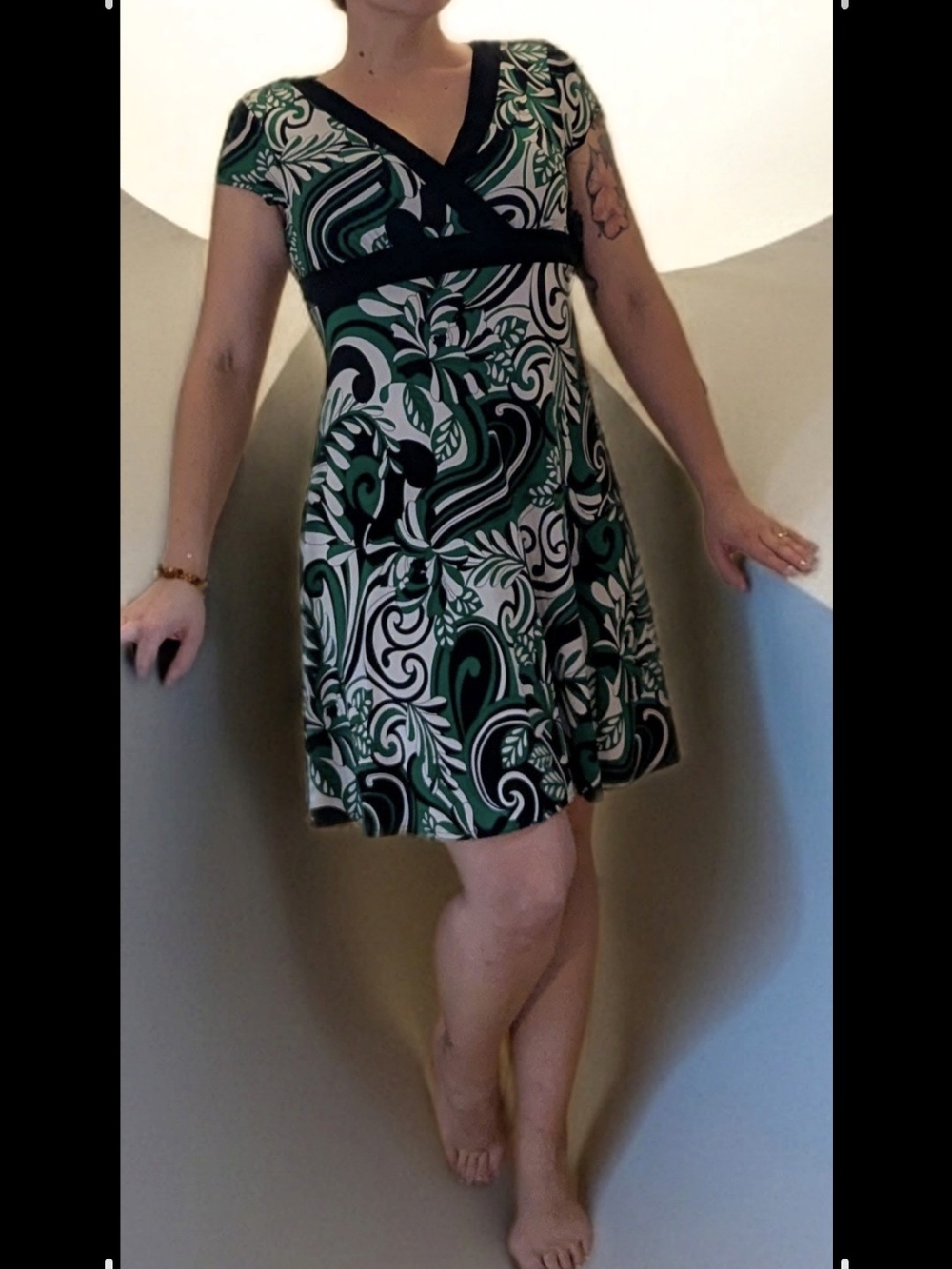 dressbarn Green, Black and White V-Neck Empire-Waist Mini Dress